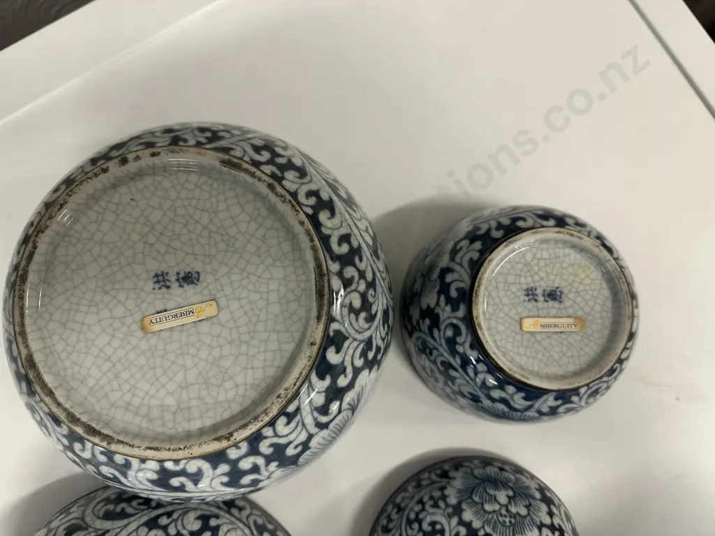 Two Vintage Maitland Smith Blue & White Chinoiserie Crackle Glazed Two Piece Pots Mark On Base H21,H14 cm. Image 1++