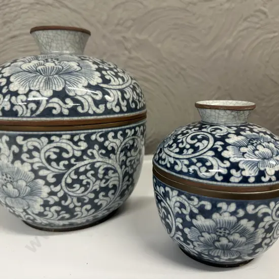 Two Vintage Maitland Smith Blue & White Chinoiserie Crackle Glazed Two Piece Pots Mark On Base H21,H14 cm.