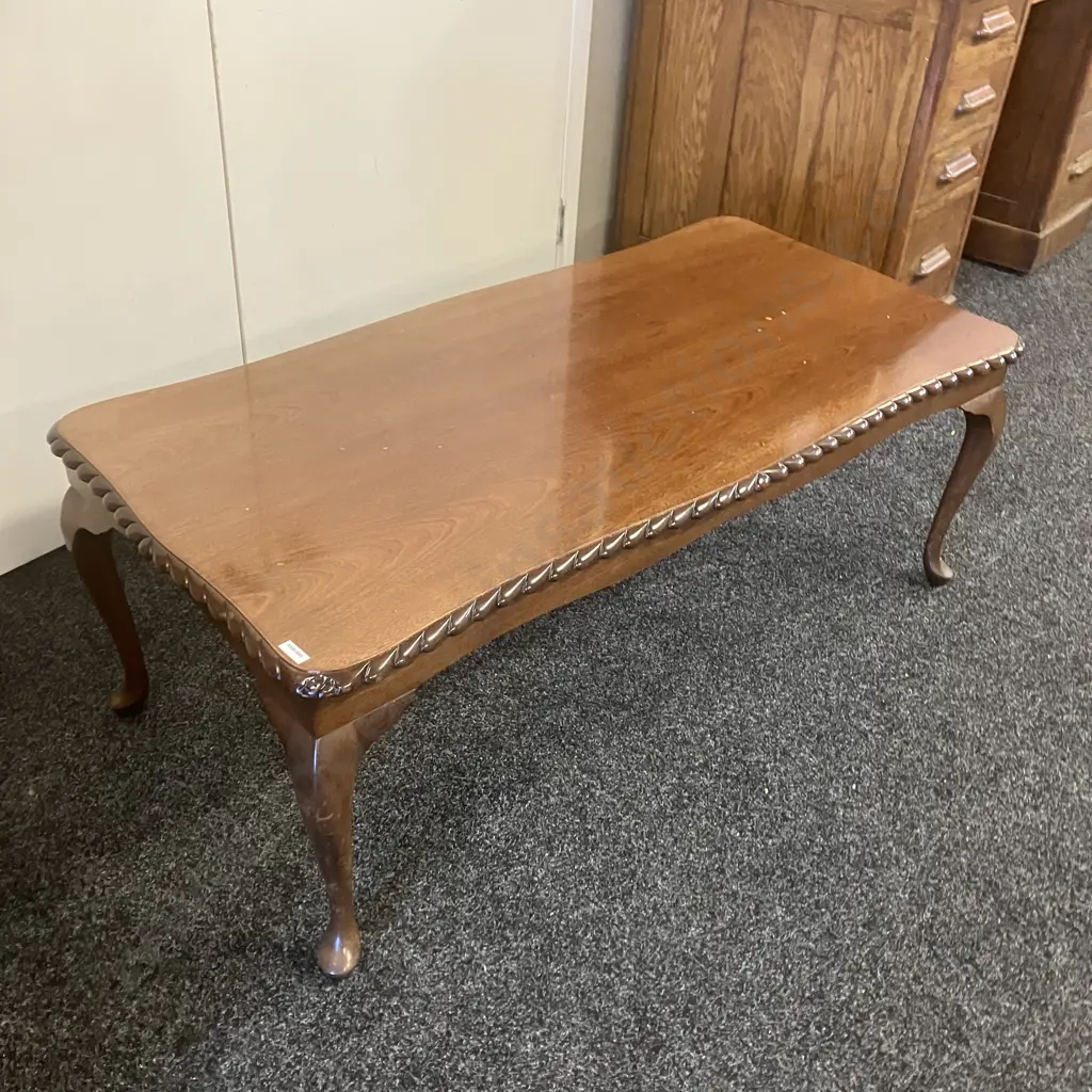 Queen Anne Style Mahogany Rectangular Coffee Table, Rope Edged, Four Cabriole Legs. H44 W118 D58cm Image 1++