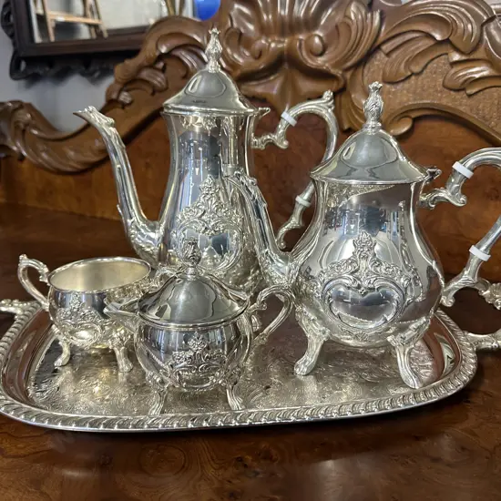 Vintage Silver Plated Tea & Coffee Set With Serving Tray