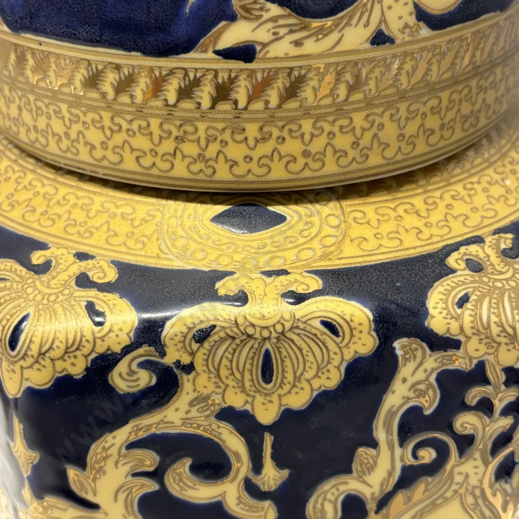 Stunning Chinese 6 sided Lidded Pot with cobalt blue ground and relief gilded overlay. H27cm Image 1++