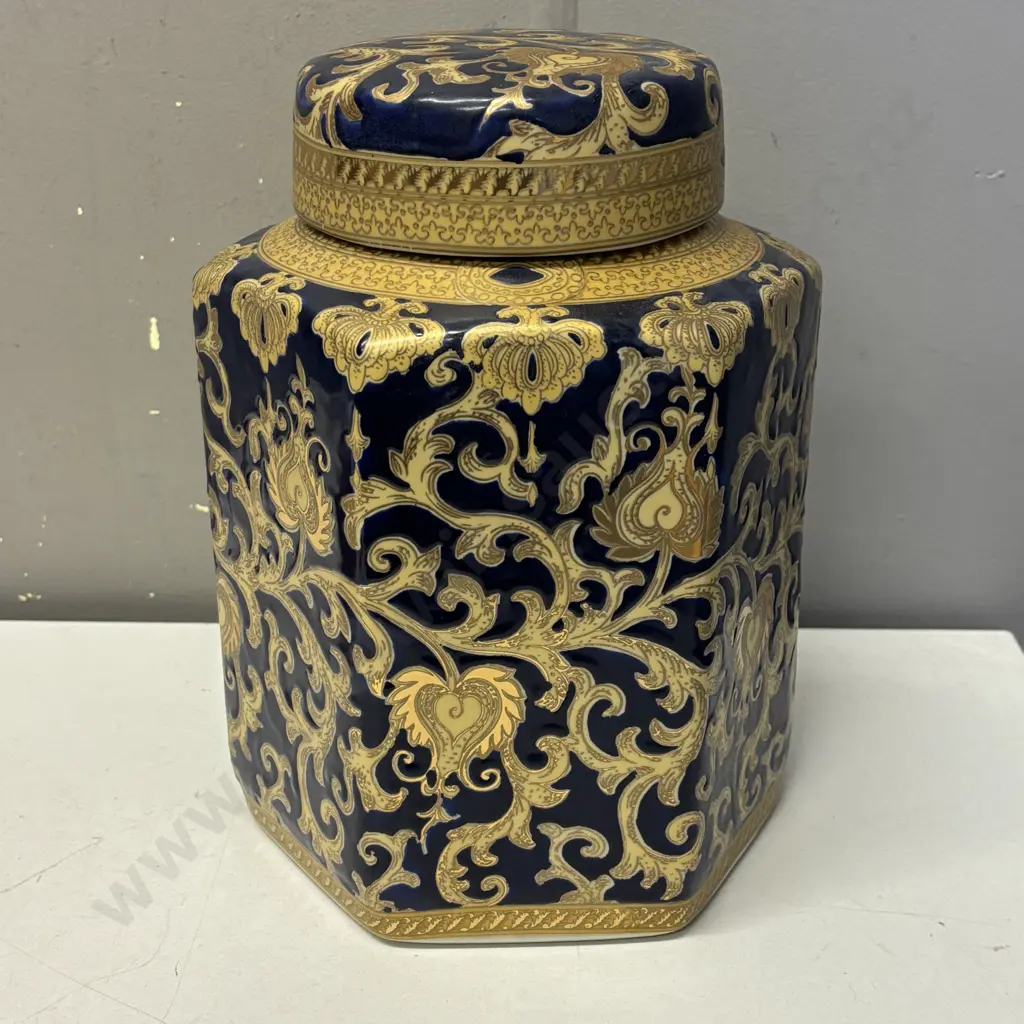 Stunning Chinese 6 sided Lidded Pot with cobalt blue ground and relief gilded overlay. H27cm Image 1++