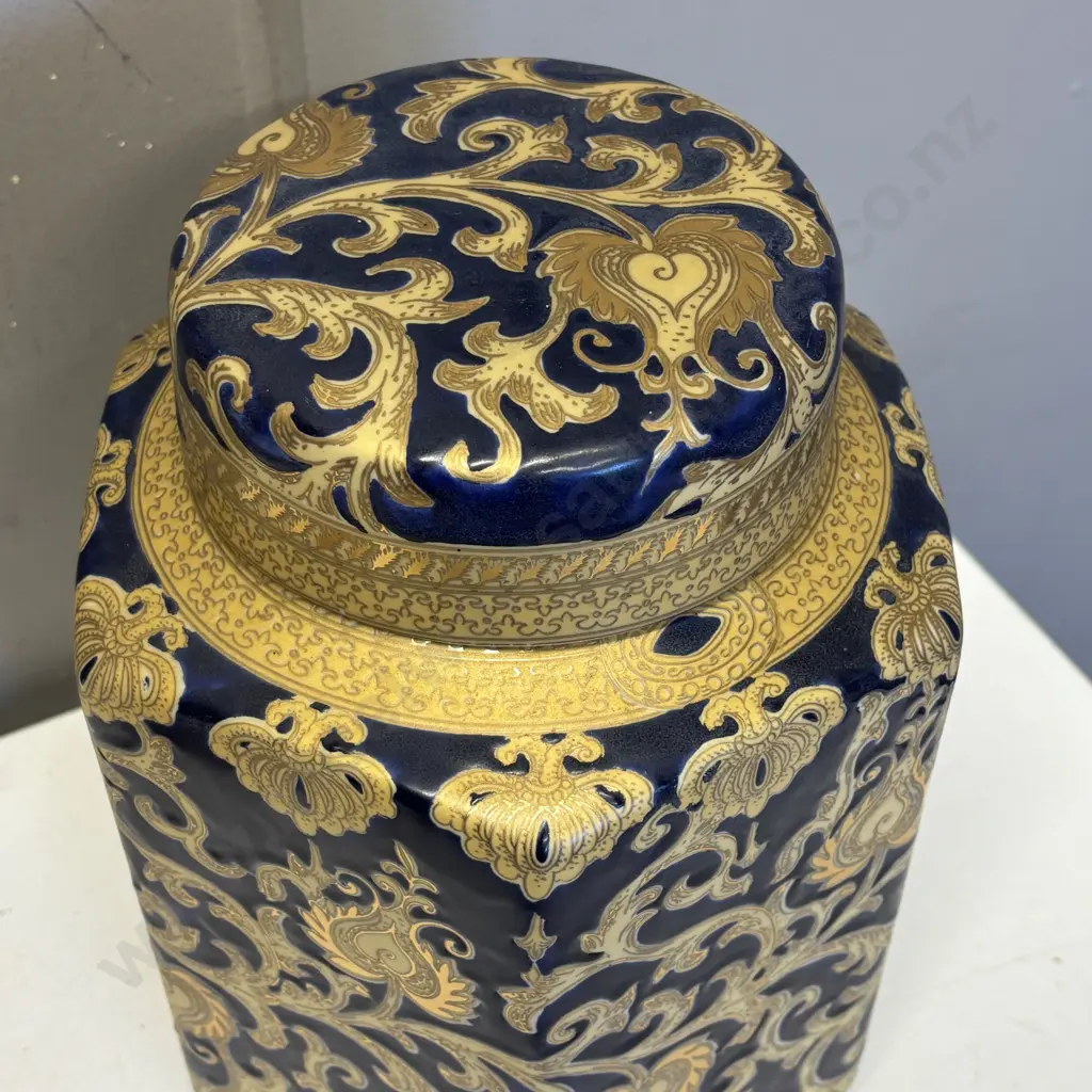 Stunning Chinese 6 sided Lidded Pot with cobalt blue ground and relief gilded overlay. H27cm Image 1++