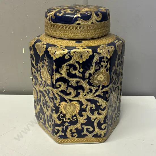 Stunning Chinese 6 sided Lidded Pot with cobalt blue ground and relief gilded overlay. H27cm