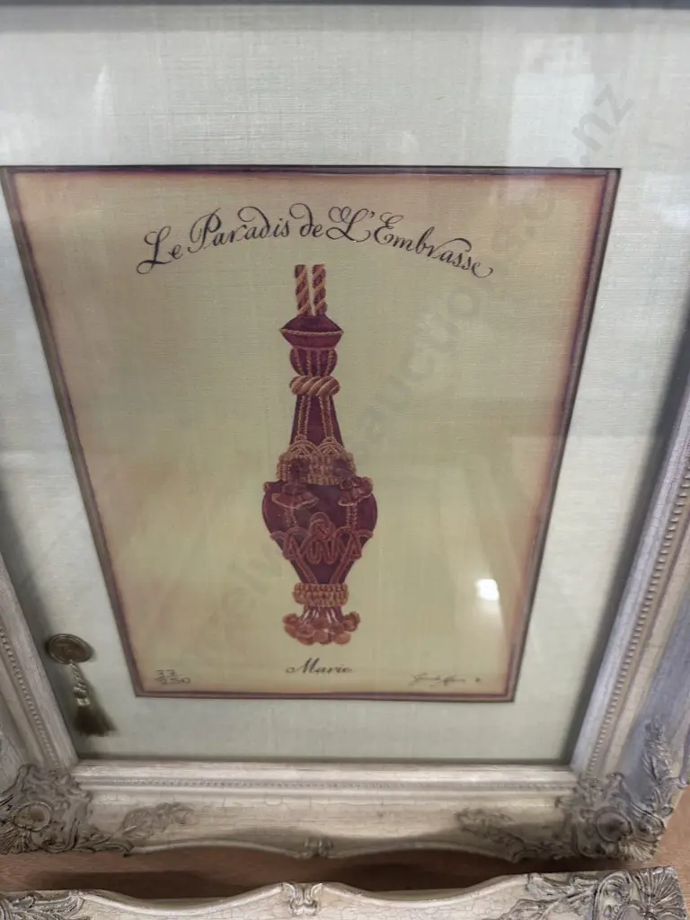 Set Of Four Ornate Framed Prints On Silk. Tie Back Themed 'Le Paradis d L Embrasse' 37/250 By Gwenda Maree  H44,W36cm. Image 1++