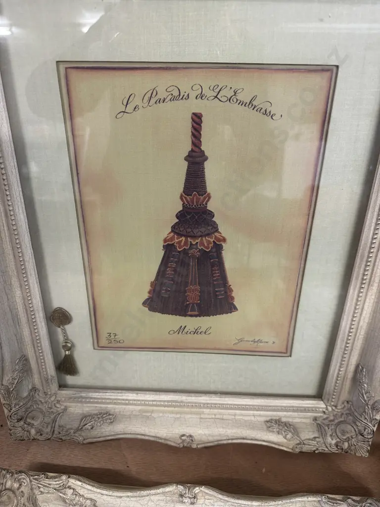 Set Of Four Ornate Framed Prints On Silk. Tie Back Themed 'Le Paradis d L Embrasse' 37/250 By Gwenda Maree  H44,W36cm. Image 1++