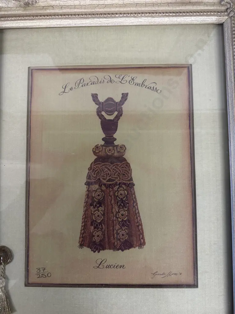 Set Of Four Ornate Framed Prints On Silk. Tie Back Themed 'Le Paradis d L Embrasse' 37/250 By Gwenda Maree  H44,W36cm. Image 1++