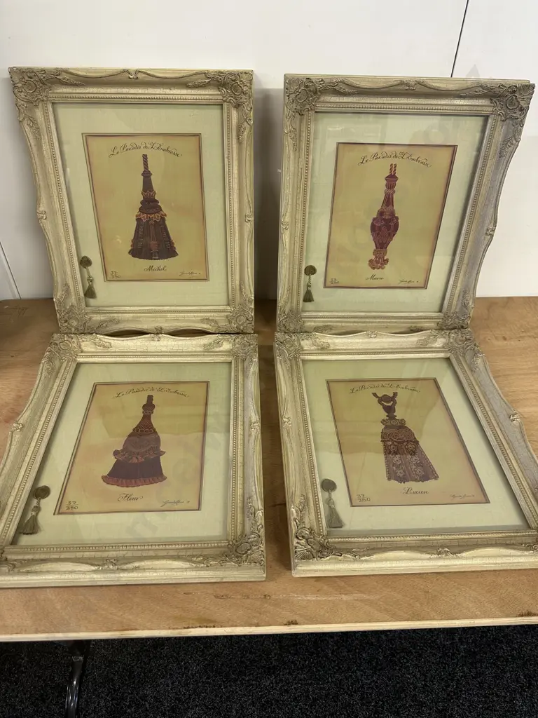 Set Of Four Ornate Framed Prints On Silk. Tie Back Themed 'Le Paradis d L Embrasse' 37/250 By Gwenda Maree  H44,W36cm. Image 1++