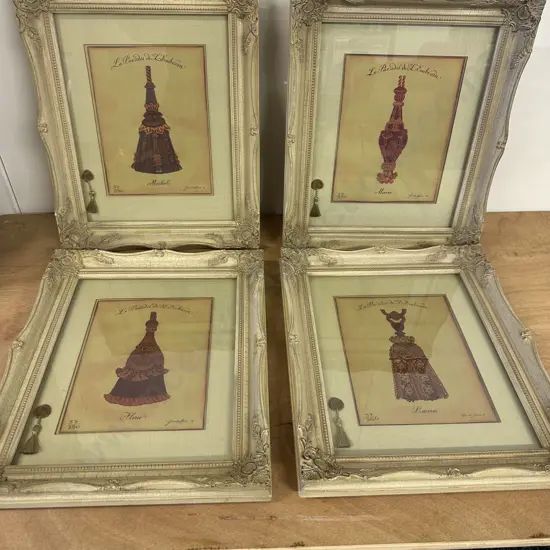 Set Of Four Ornate Framed Prints On Silk. Tie Back Themed 'Le Paradis d L Embrasse' 37/250 By Gwenda Maree  H44,W36cm.