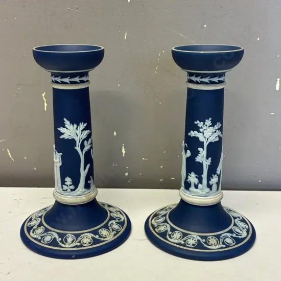 Pair Antique Wedgood Cobalt Blue Jasperware Candlesticks H18.5cm
