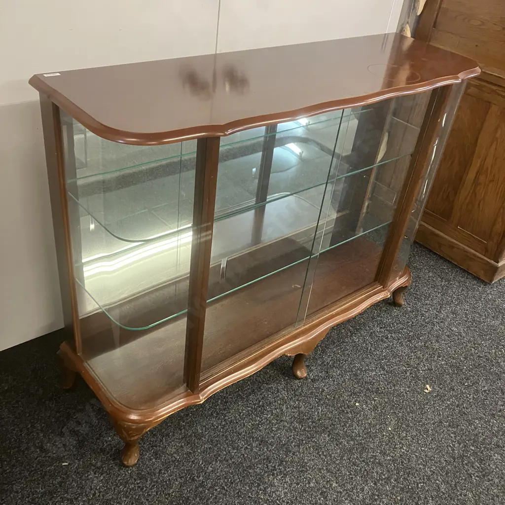 Mahogany & Curved Glass China Display Cabinet, Cabriole Legs, Glass Shelves, Mirror Backed, H90 W120 D40cm Image 1++