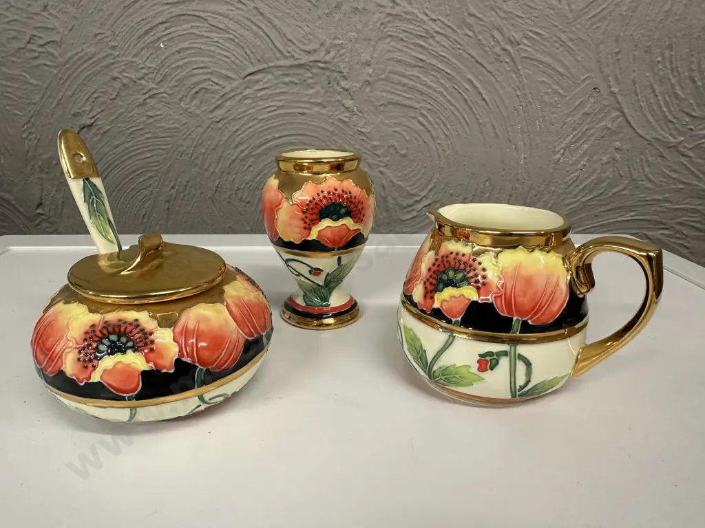 Old Tupton Ware Hand Painted Vase, Sugar Bowl & Creamer Poppy Themed Image 1++