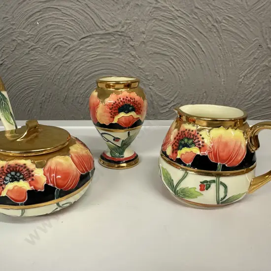 Old Tupton Ware Hand Painted Vase, Sugar Bowl & Creamer Poppy Themed