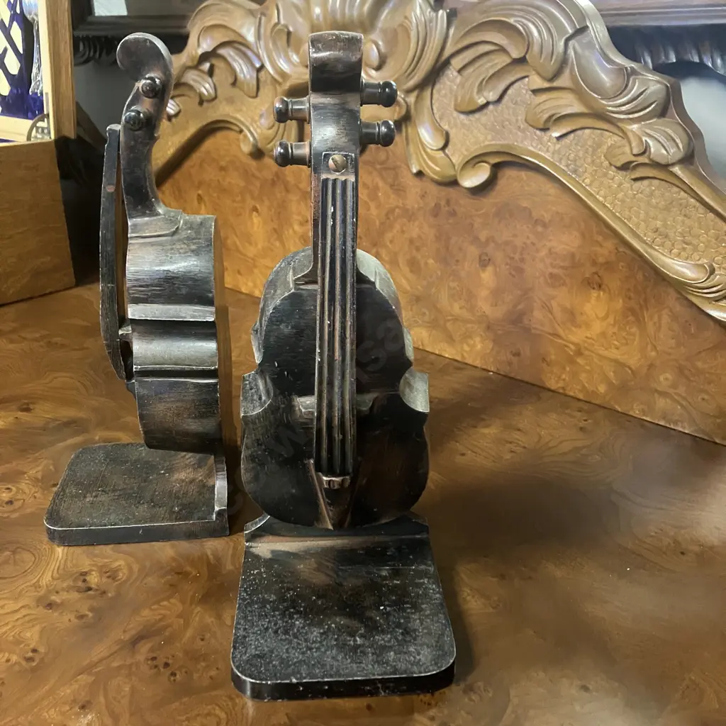 Pair of Vintage Heavy Metal Cello Bookends. H28cm Image 1++