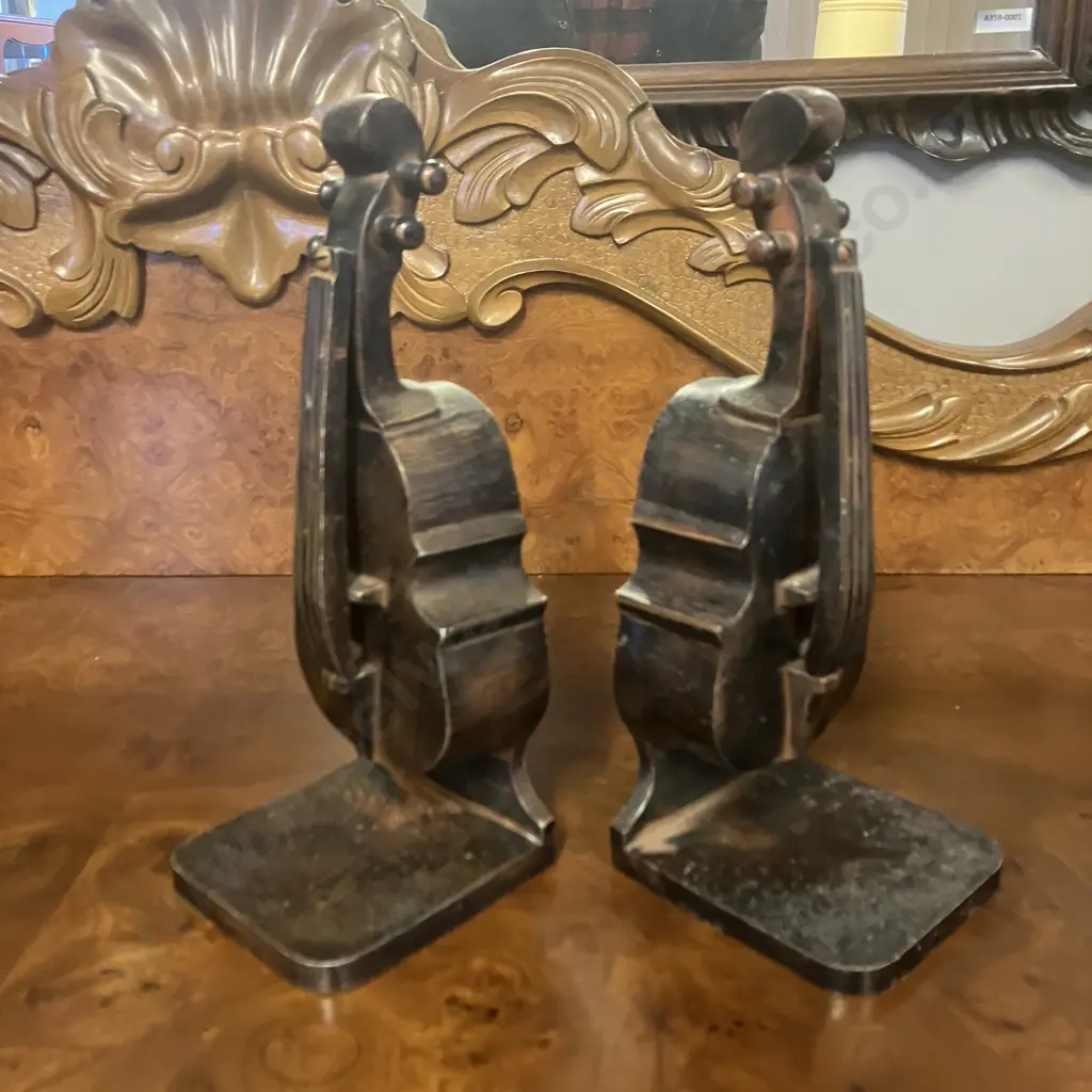 Pair of Vintage Heavy Metal Cello Bookends. H28cm Image 1++