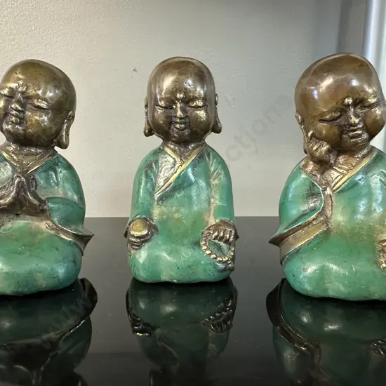 Set Of Three Meditative Buddha Bronze? Figurines Painted Green Finish 