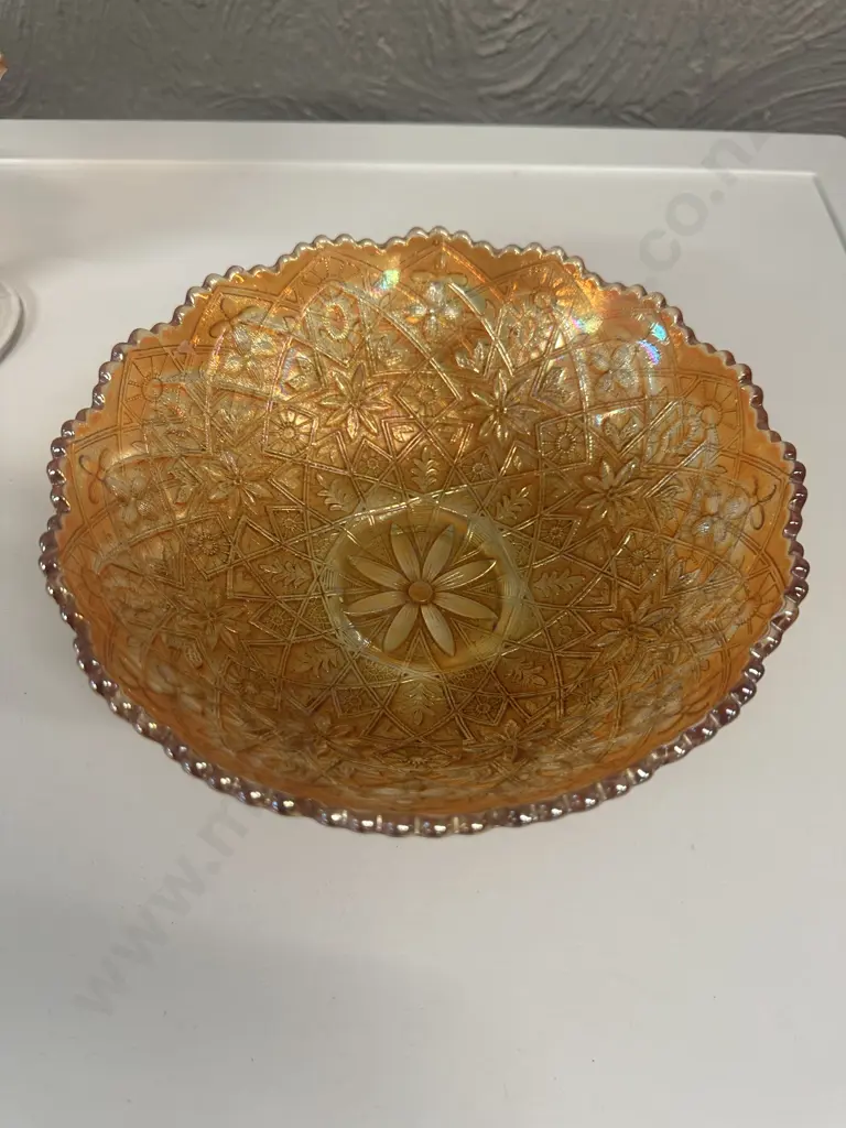 Vintage Carnival Glass Iridescent Marigold Daisy, Sun, Lattice Sawtooth Bowl. Image 1++