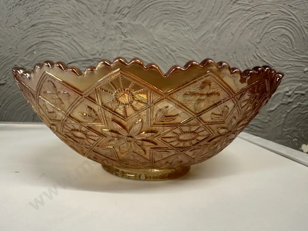 Vintage Carnival Glass Iridescent Marigold Daisy, Sun, Lattice Sawtooth Bowl. Image 1++