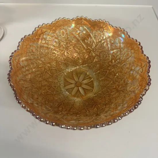 Vintage Carnival Glass Iridescent Marigold Daisy, Sun, Lattice Sawtooth Bowl.