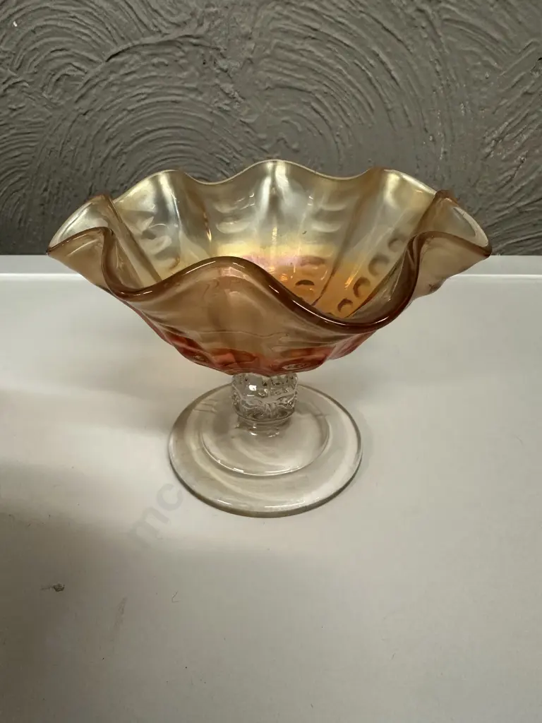 Vintage Carnival Glass Compote Dish Thumb Print Pattern  H11,W15cm. Image 1++