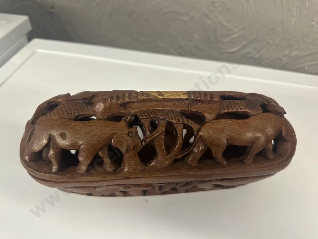 Vintage Hand Carved Lidded Box Featuring Elephants Etc H12.5,W30cm. Image 1++