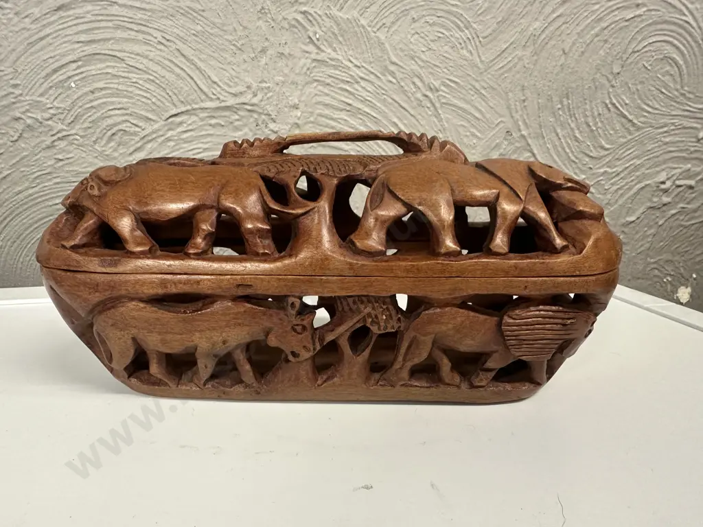 Vintage Hand Carved Lidded Box Featuring Elephants Etc H12.5,W30cm. Image 1++