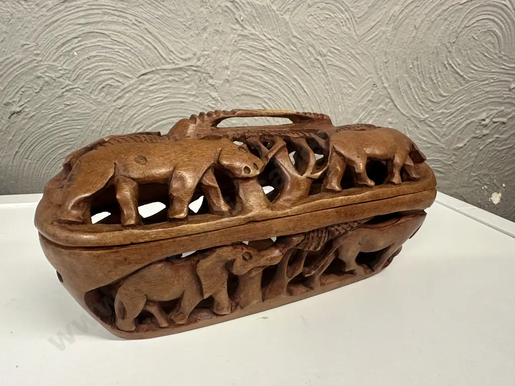 Vintage Hand Carved Lidded Box Featuring Elephants Etc H12.5,W30cm. Image 1++