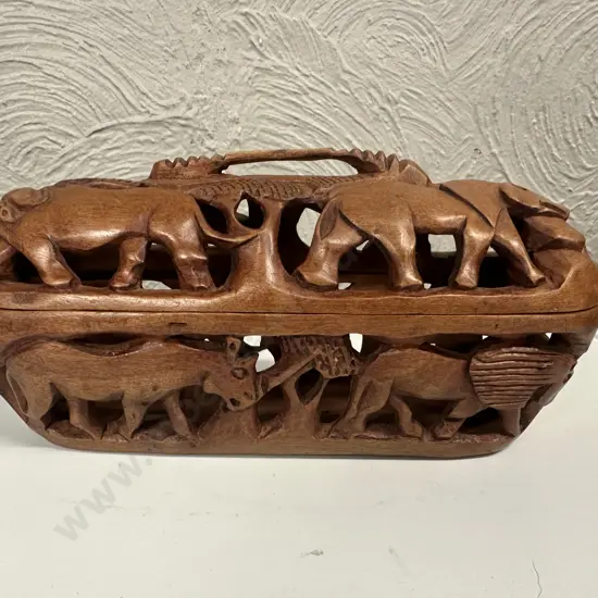 Vintage Hand Carved Lidded Box Featuring Elephants Etc H12.5,W30cm.