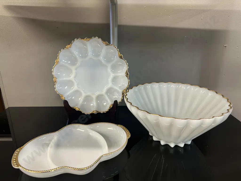 Selection Of Vintage Anchor Hocking Milk Glass Items Including Large Bowl, Deviled Eggs Plate & Serving Dish Image 1++