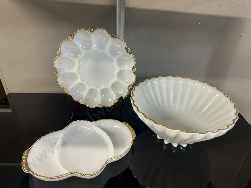 Selection Of Vintage Anchor Hocking Milk Glass Items Including Large Bowl, Deviled Eggs Plate & Serving Dish Image 1++