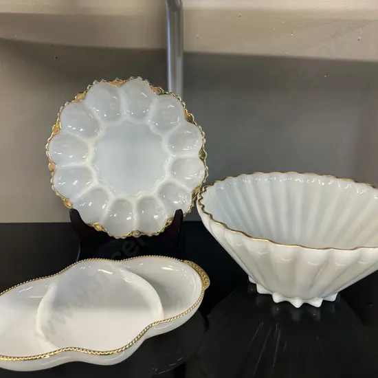 Selection Of Vintage Anchor Hocking Milk Glass Items Including Large Bowl, Deviled Eggs Plate & Serving Dish