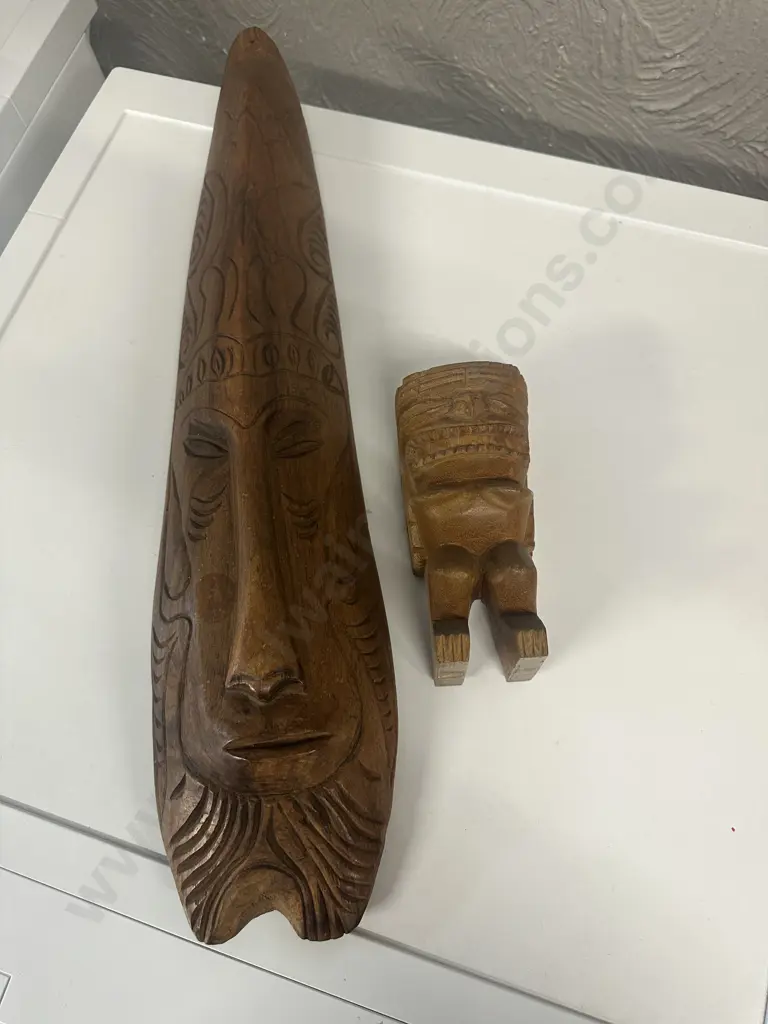 Hand Carved Wooden Tribal Mask H57cm & Small Monkey Pod Tiki Statue  Image 1++