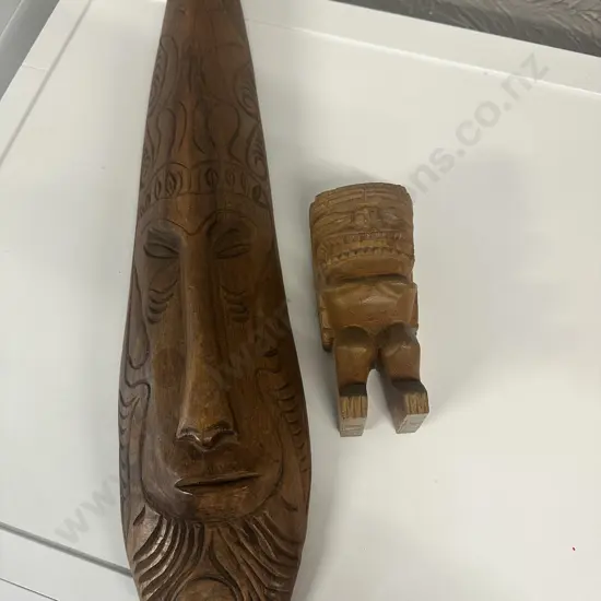 Hand Carved Wooden Tribal Mask H57cm & Small Monkey Pod Tiki Statue 