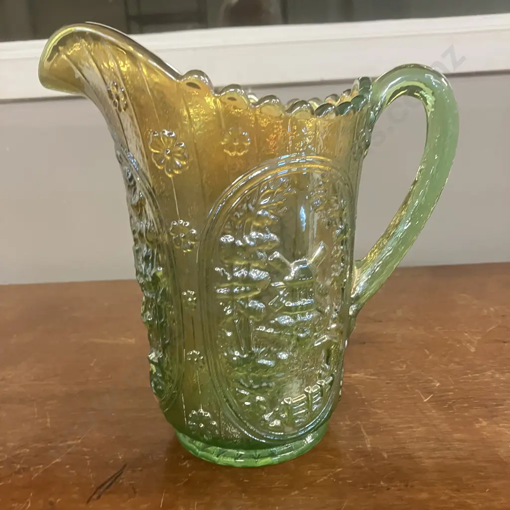 Antique Imperial 'Windmill' Green & Yellow Carnival Glass Pitcher c1915. H21cm Image 1++