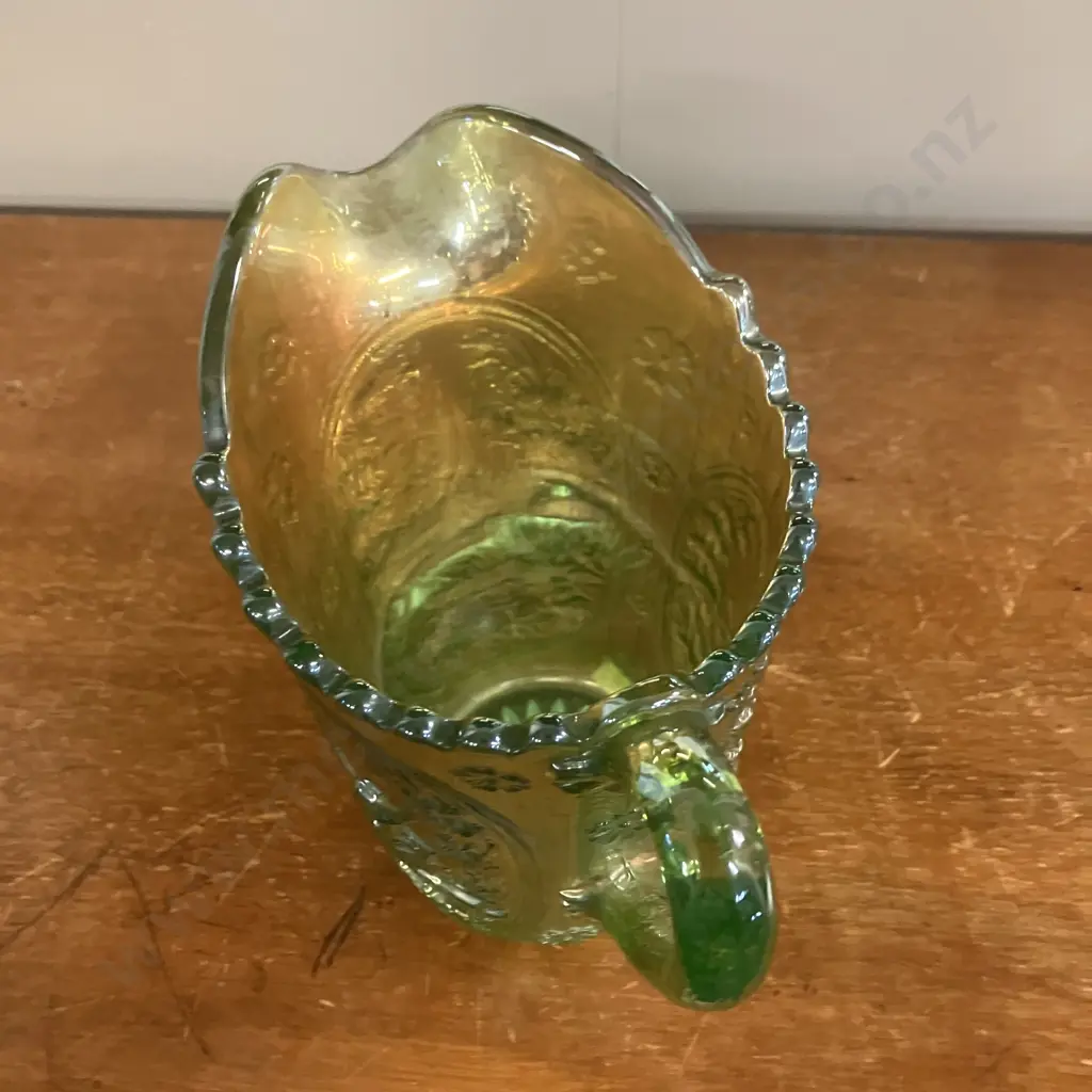 Antique Imperial 'Windmill' Green & Yellow Carnival Glass Pitcher c1915. H21cm Image 1++