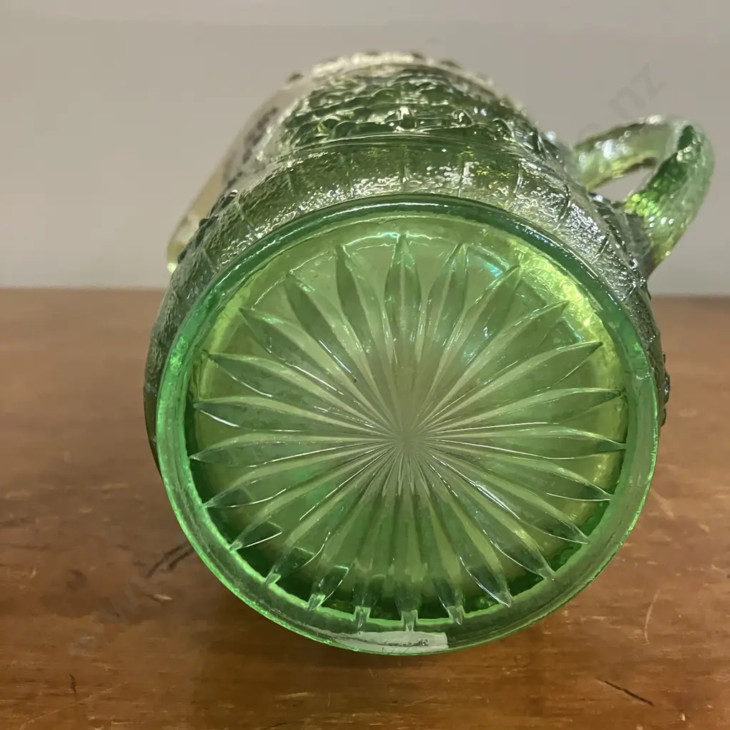 Antique Imperial 'Windmill' Green & Yellow Carnival Glass Pitcher c1915. H21cm Image 1++