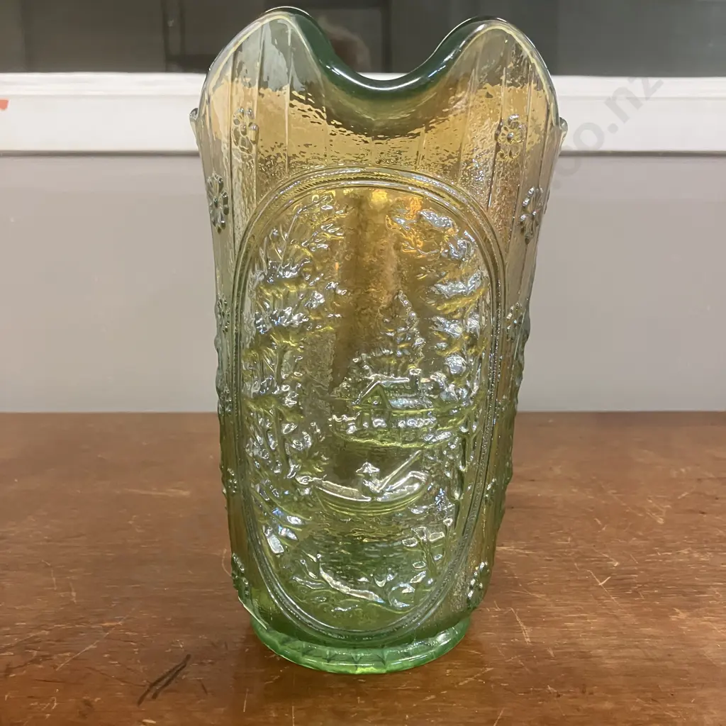 Antique Imperial 'Windmill' Green & Yellow Carnival Glass Pitcher c1915. H21cm Image 1++