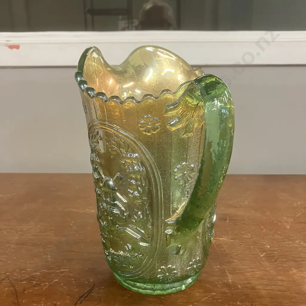 Antique Imperial 'Windmill' Green & Yellow Carnival Glass Pitcher c1915. H21cm Image 1++