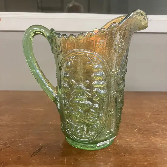 Antique Imperial 'Windmill' Green & Yellow Carnival Glass Pitcher c1915. H21cm
