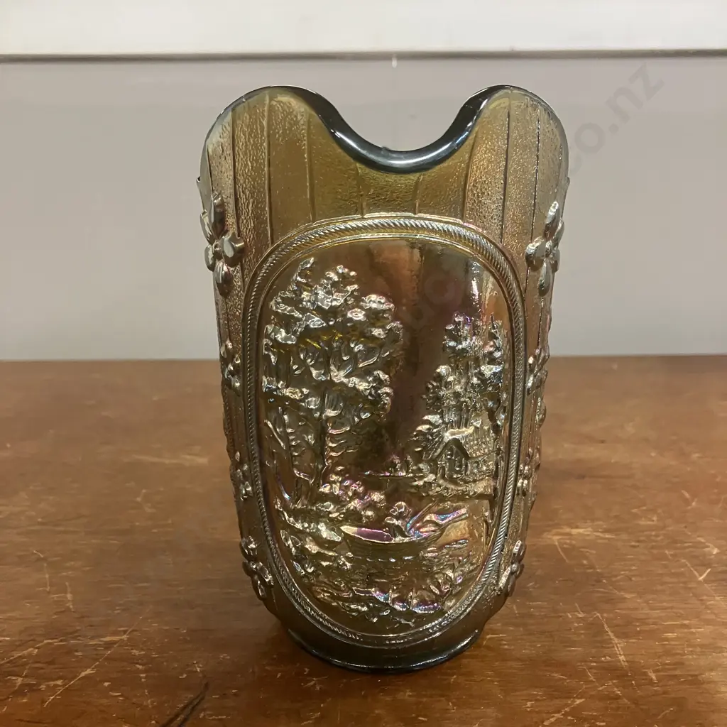 Antique Imperial 'Windmill' Green Irridescent Carnival Glass Pitcher c1915. H16.5cm Image 1++