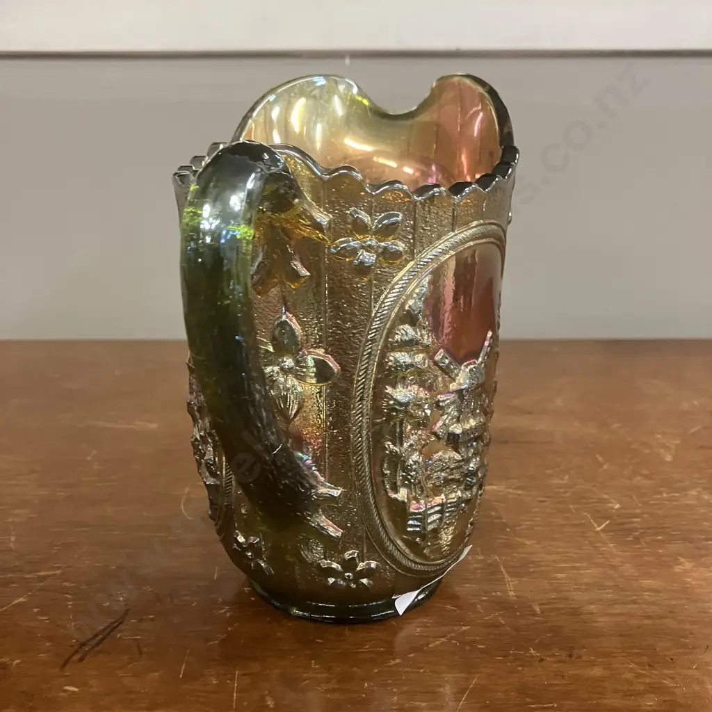 Antique Imperial 'Windmill' Green Irridescent Carnival Glass Pitcher c1915. H16.5cm Image 1++