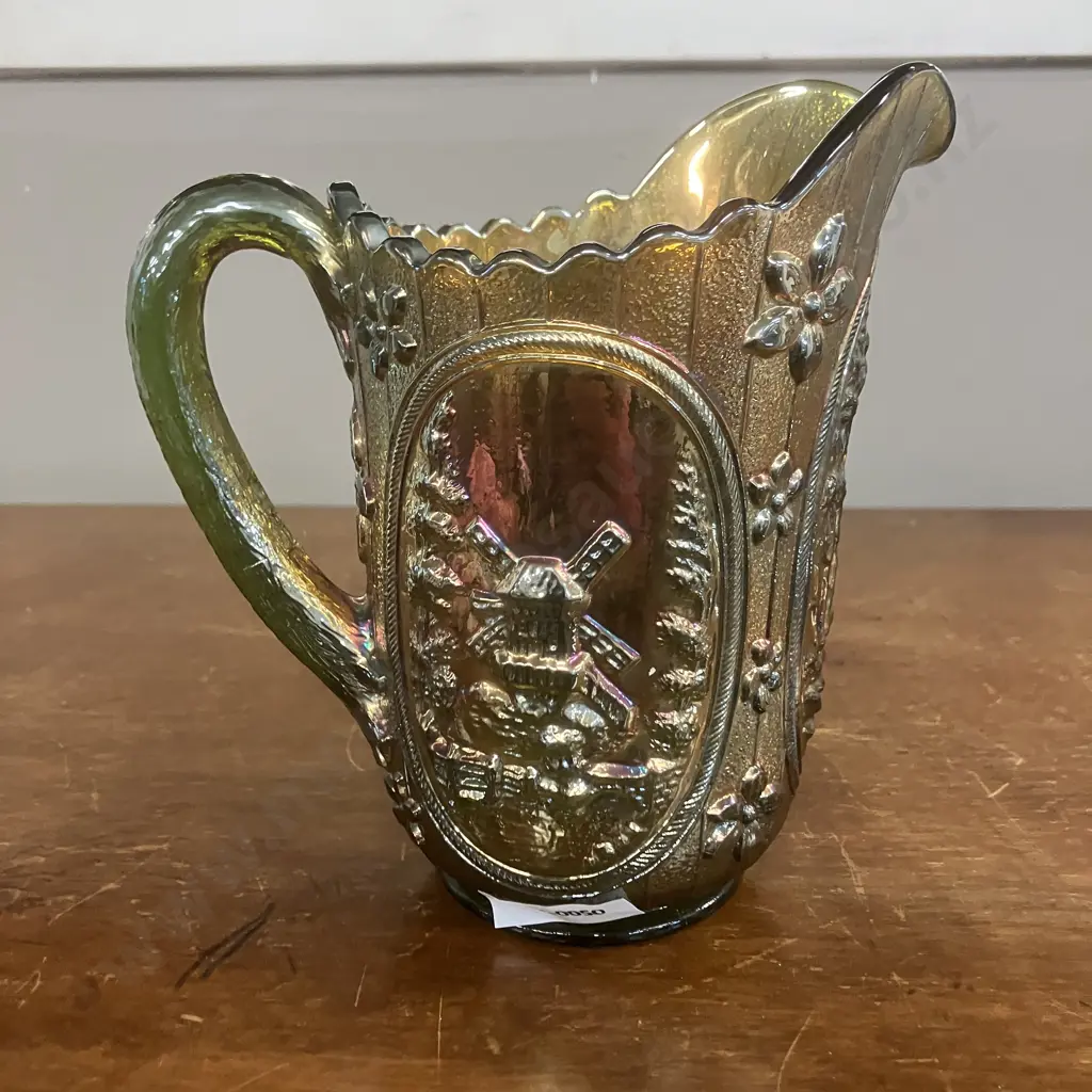 Antique Imperial 'Windmill' Green Irridescent Carnival Glass Pitcher c1915. H16.5cm Image 1++