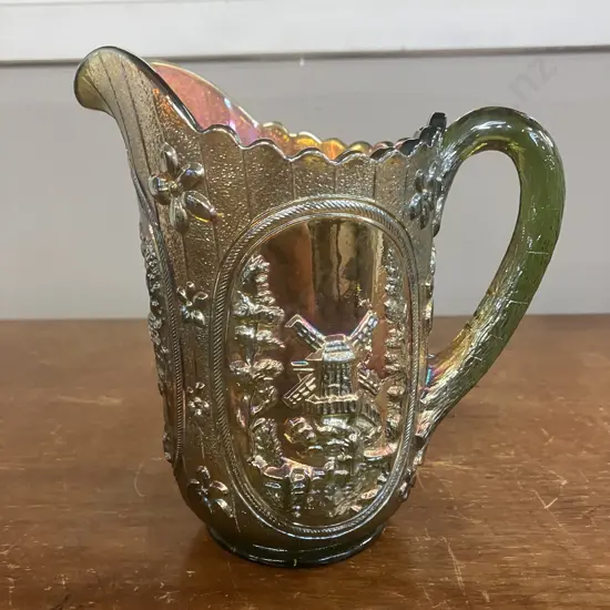 Antique Imperial 'Windmill' Green Irridescent Carnival Glass Pitcher c1915. H16.5cm