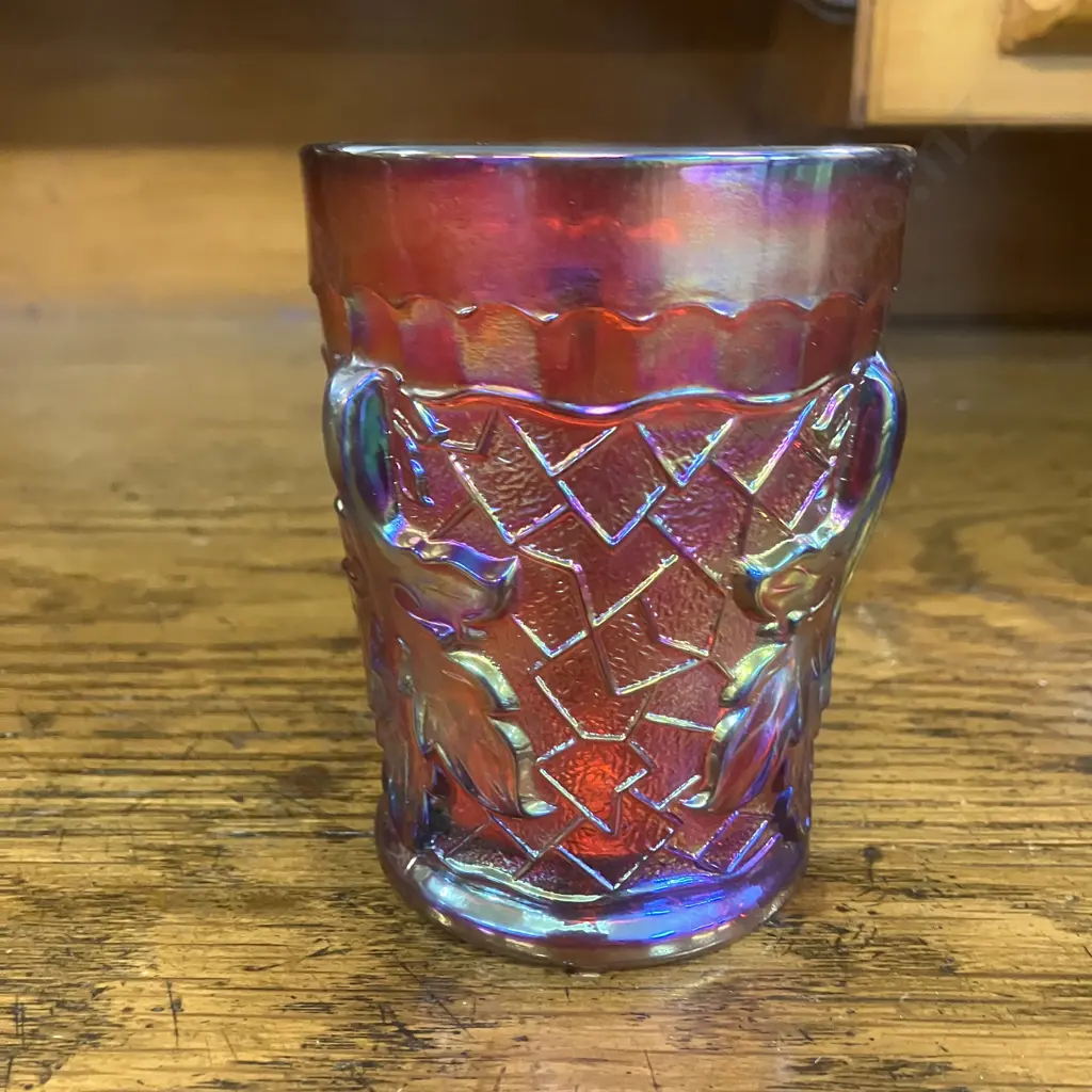 Antique Dugan 'Maple Leaf' Red Carnival Glass Tumbler c1909 Image 1++