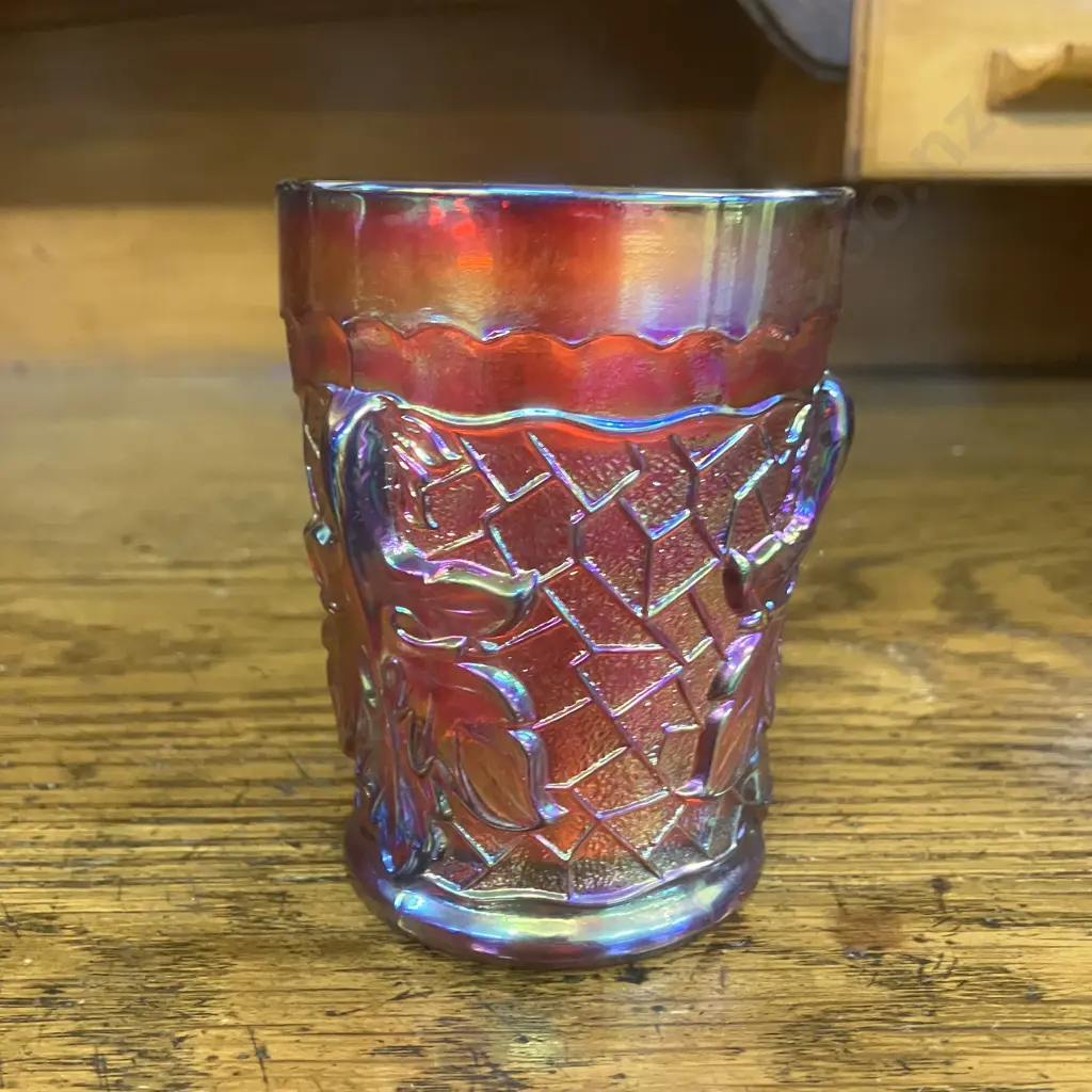 Antique Dugan 'Maple Leaf' Red Carnival Glass Tumbler c1909 Image 1++