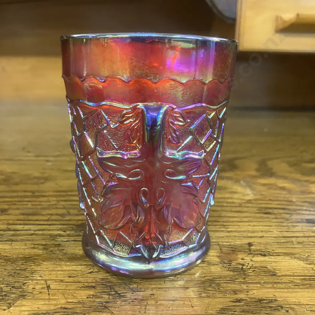 Antique Dugan 'Maple Leaf' Red Carnival Glass Tumbler c1909 Image 1++
