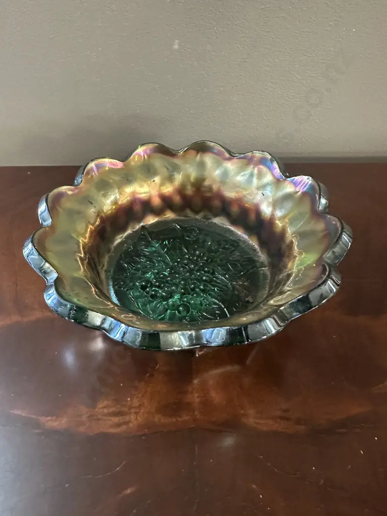 Vintage Carnival Glass Bowl Teal Green Iridescent Finish H6,Dia16.5cm. Image 1++