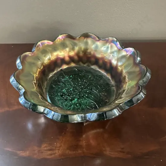 Vintage Carnival Glass Bowl Teal Green Iridescent Finish H6,Dia16.5cm.