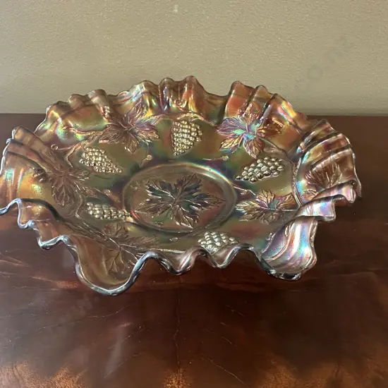 Vintage Carnival Class Bowl Amethyst Iridescent Finish With Crimped Edge H6,Dia22cm.