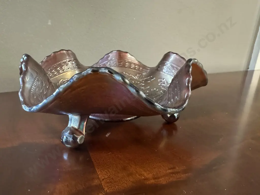 Antique Fenton 'Two Flowers' Carnival Glass Ruffled Dish, Tri Footed. c1920's Dia15cm. Image 1++